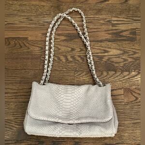 Abro Python Skin Leather Shoulder Bag Light Gray with Silver Chain Strap